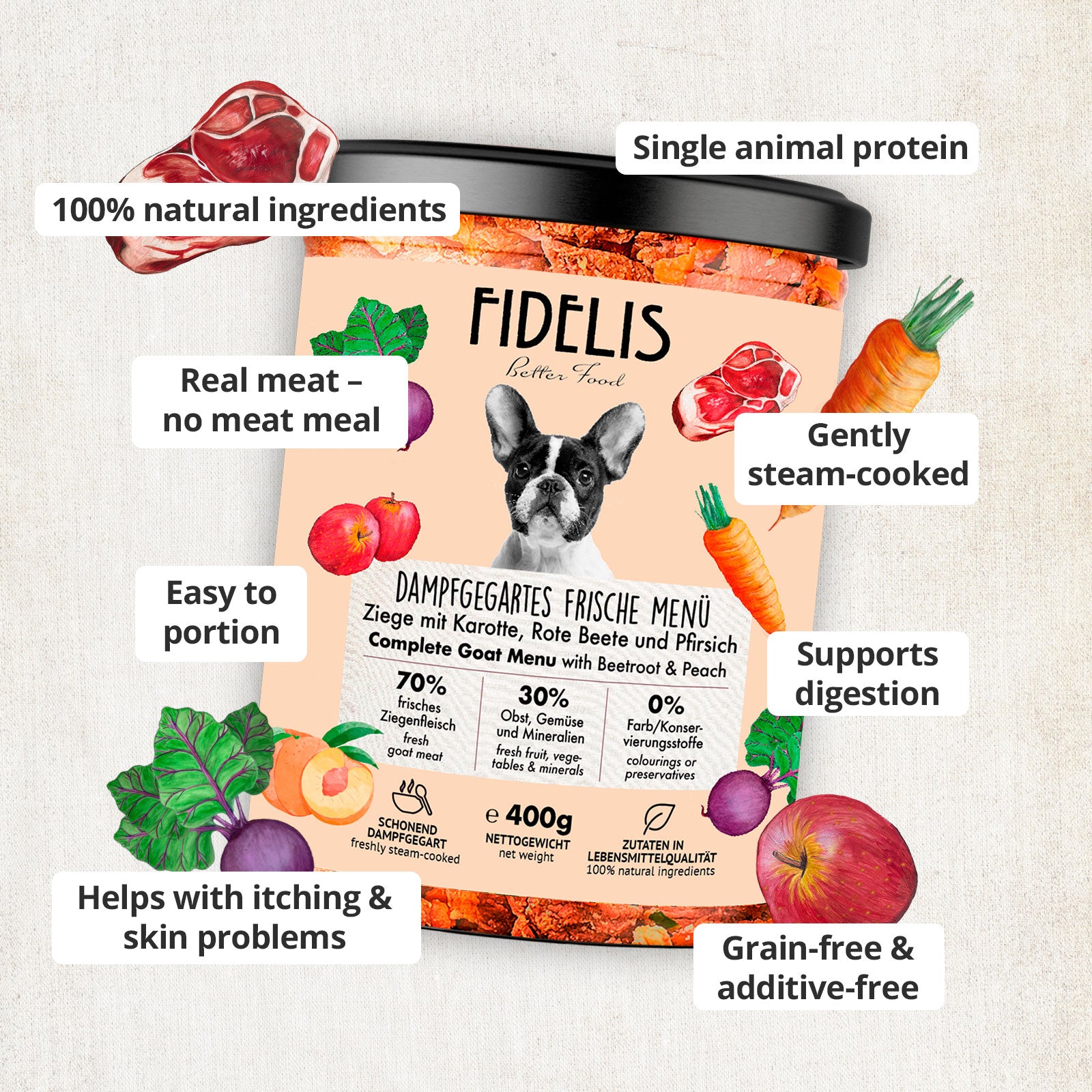 6 x 400g Goat with Cassava, Carrots and Peach