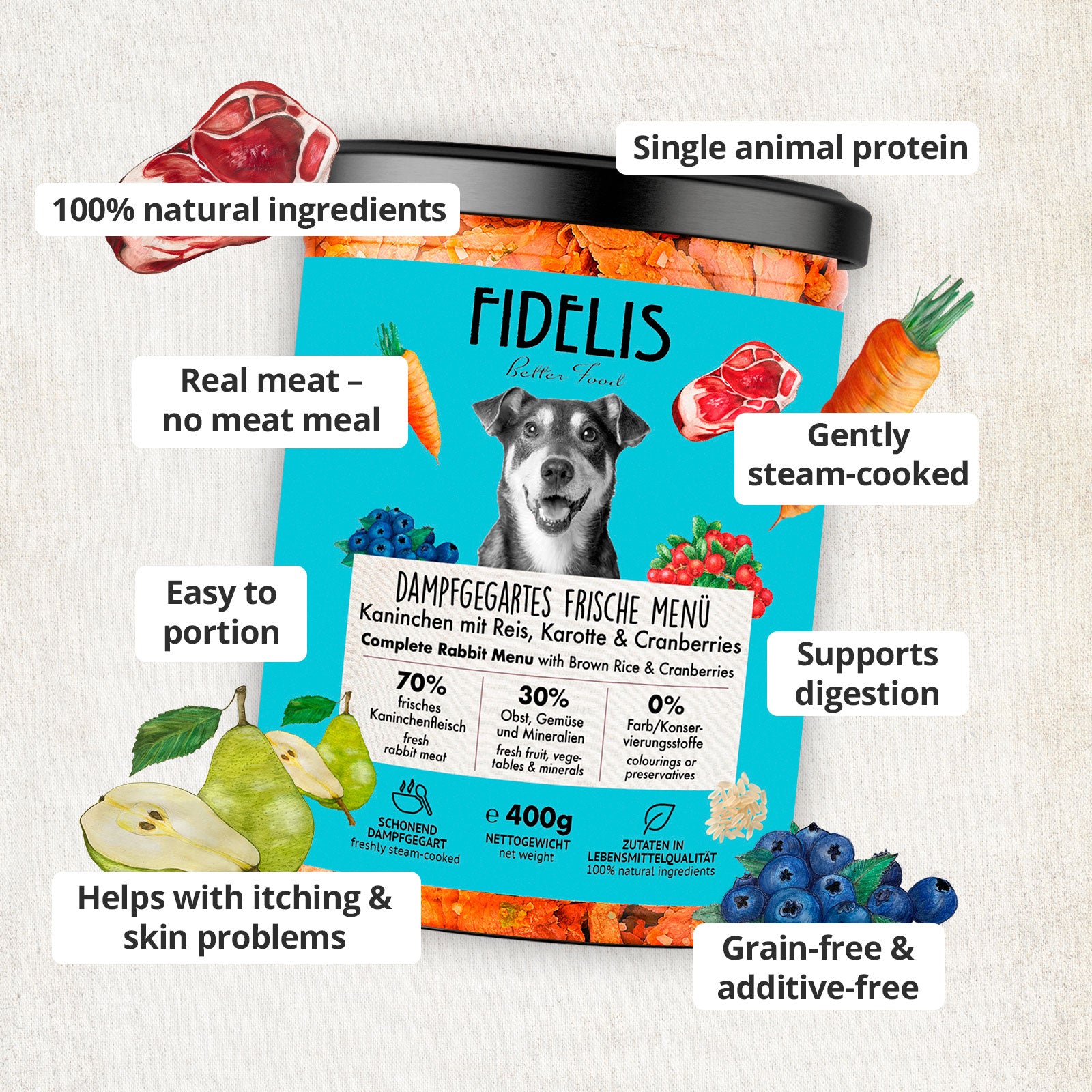 6 x 400g Rabbit Menu with Rice, Carrot and Cranberries