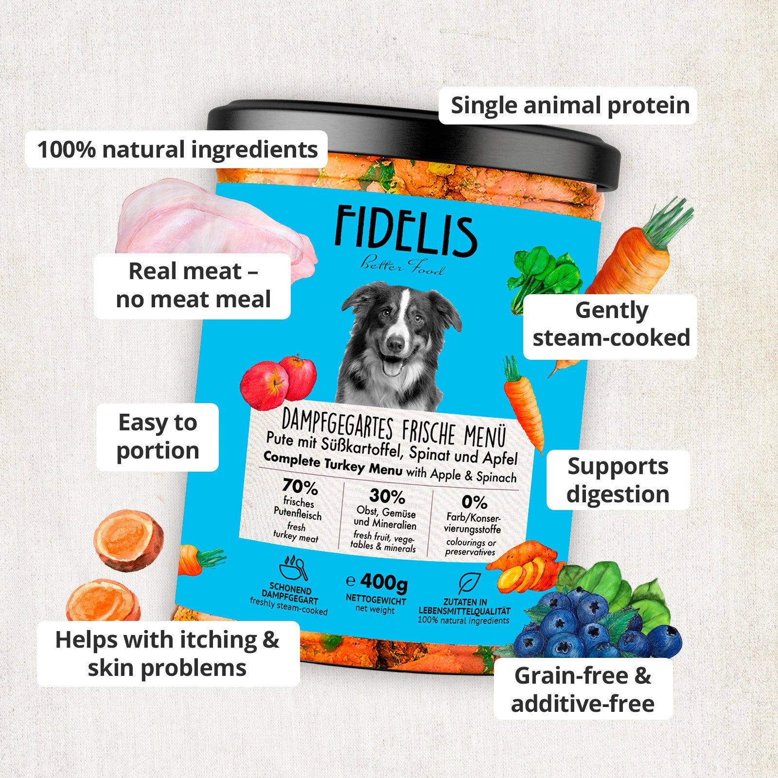 6 x 400g Turkey with Sweet Potato, Peas and Spinach