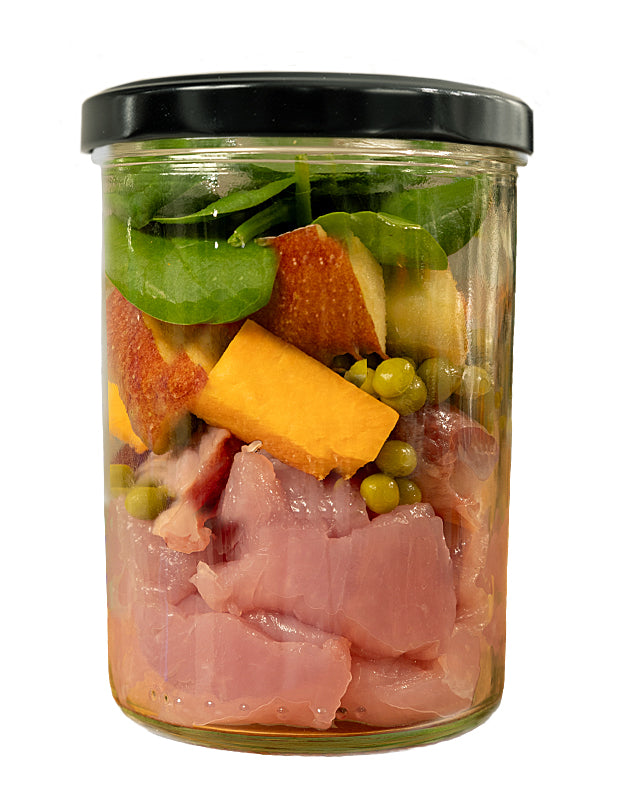 Cooked Fresh Turkey with Sweet Potato, Peas and Spinach (glass)