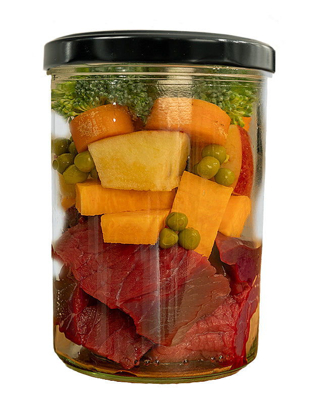 Cooked Fresh Beef Menu with Sweet potato, Apple and Broccoli (glass)