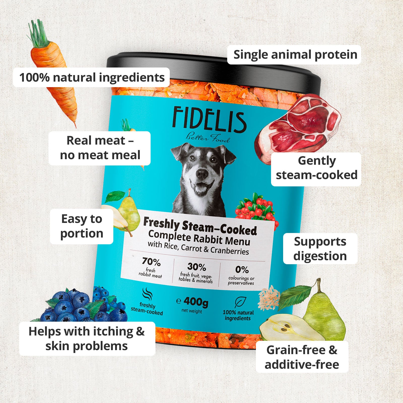 Rabbit with Brown Rice, Carrot and Cranberries | Fresh Dog Food