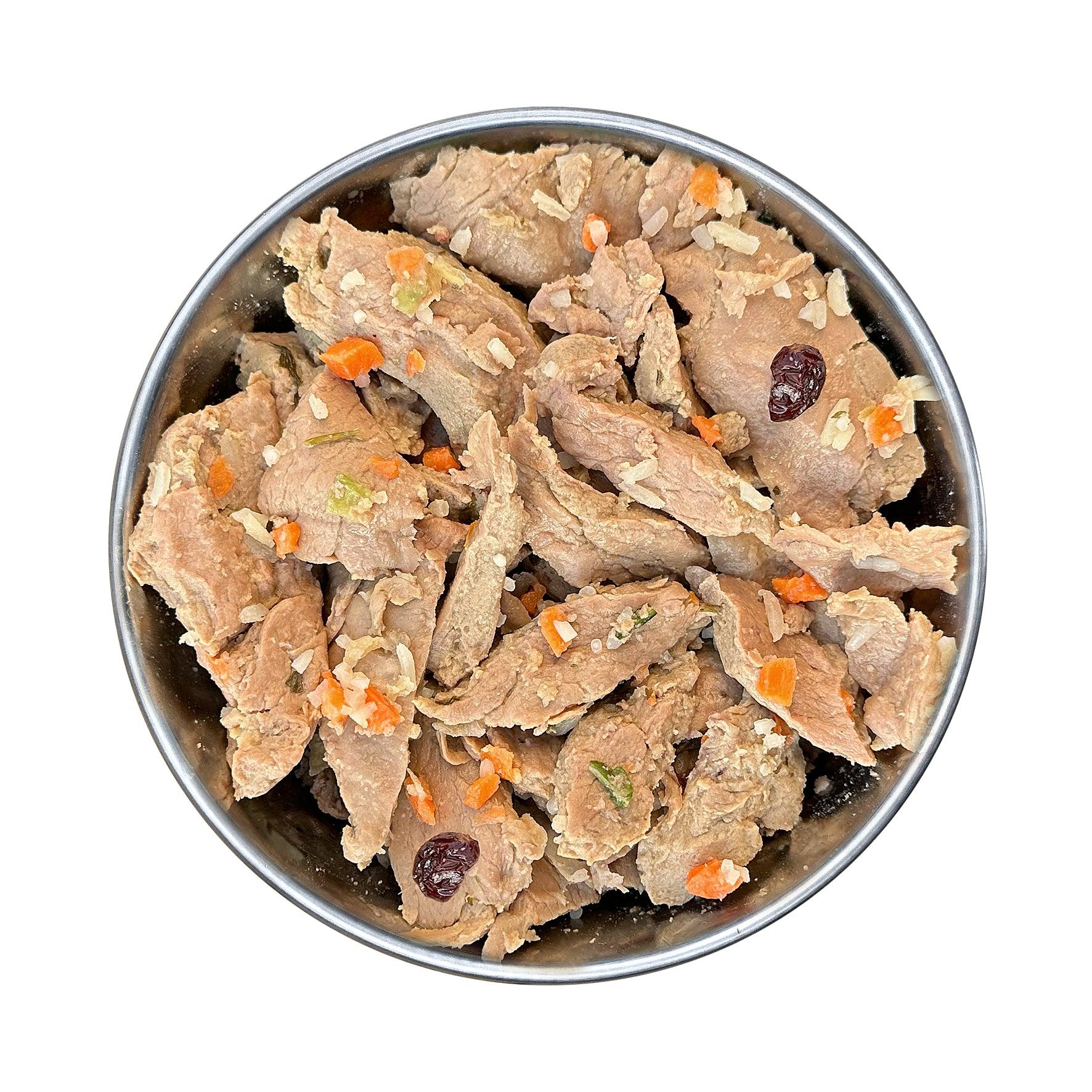 Cooked Fresh Rabbit Menu with Rice, Carrot and Cranberries (glass)